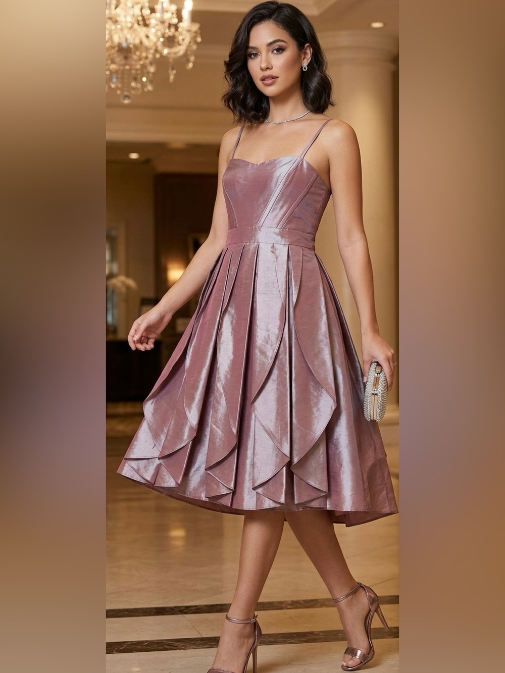 Minelli Dusty Mauve Satin Midi Dress with Draped Petal Skirt